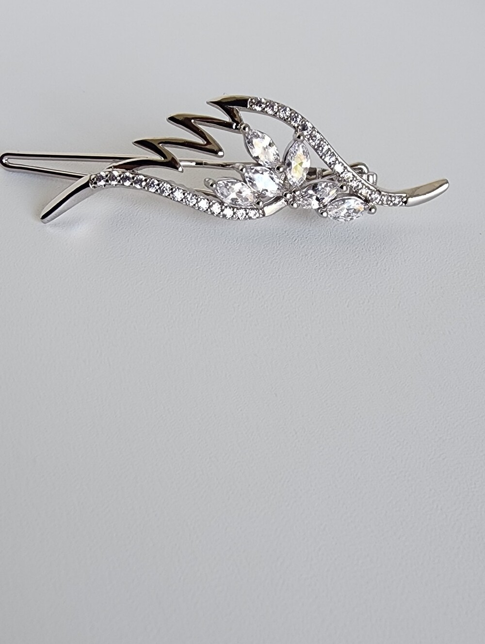 Silver Plated Crystal Leaf Hair Barrette Rhinestone French Hair Clip
